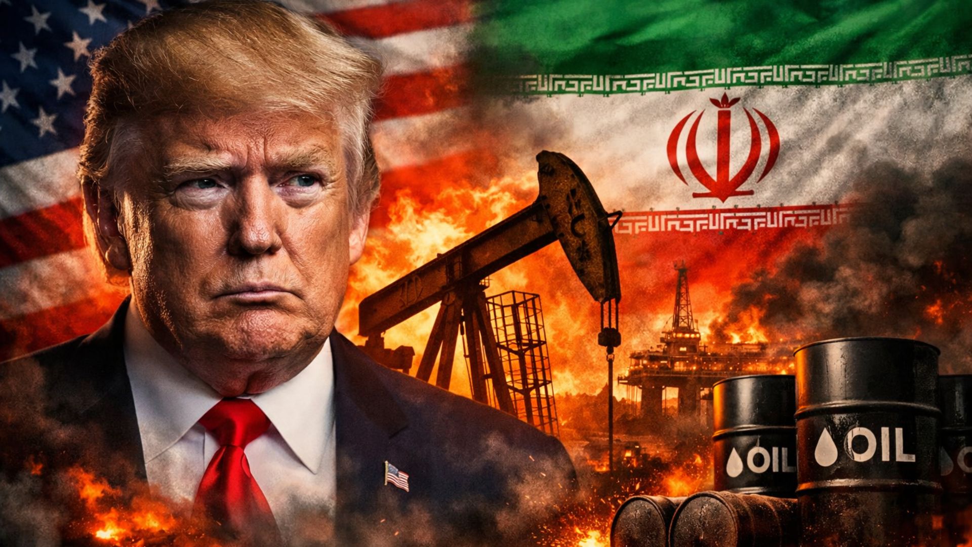 Donald Trump diante das bandeiras dos Estados Unidos e do Irã enquanto plataformas e barris de petróleo aparecem em chamas, simbolizando tensões no Oriente Médio e impacto no mercado global de energia.