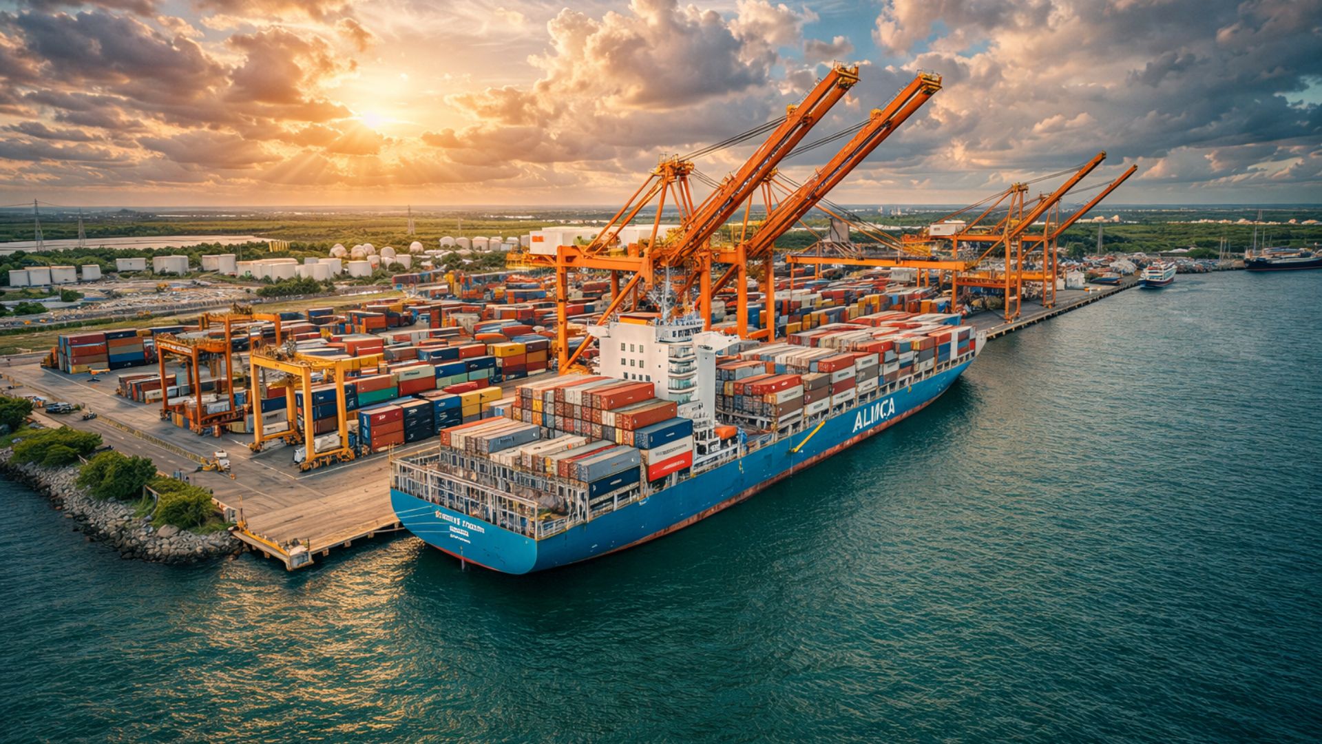 Navio cargueiro atracado em porto de contêineres enquanto grandes guindastes laranja realizam operações de carga e descarga em terminal marítimo.