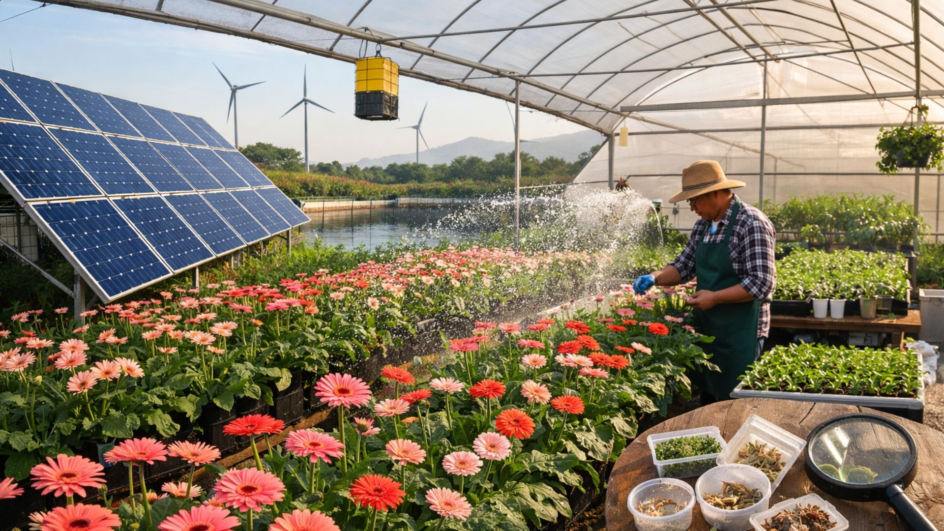 Estufa de flores com produtor irrigando plantas ornamentais enquanto painéis solares e sistema de cultivo sustentável aparecem ao fundo.