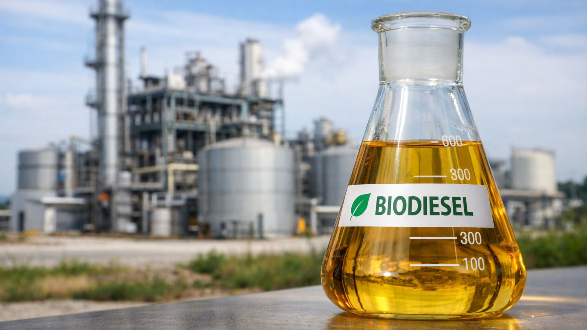 Frasco com biodiesel em primeiro plano e usina de biocombustível ao fundo representando o investimento de R$ 1,25 bilhão em nova planta de biodiesel no Rio Grande do Sul.