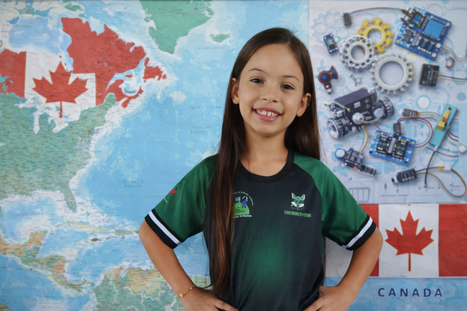 Menina brasileira de 8 anos montando robô educacional em atividade de robótica escolar.