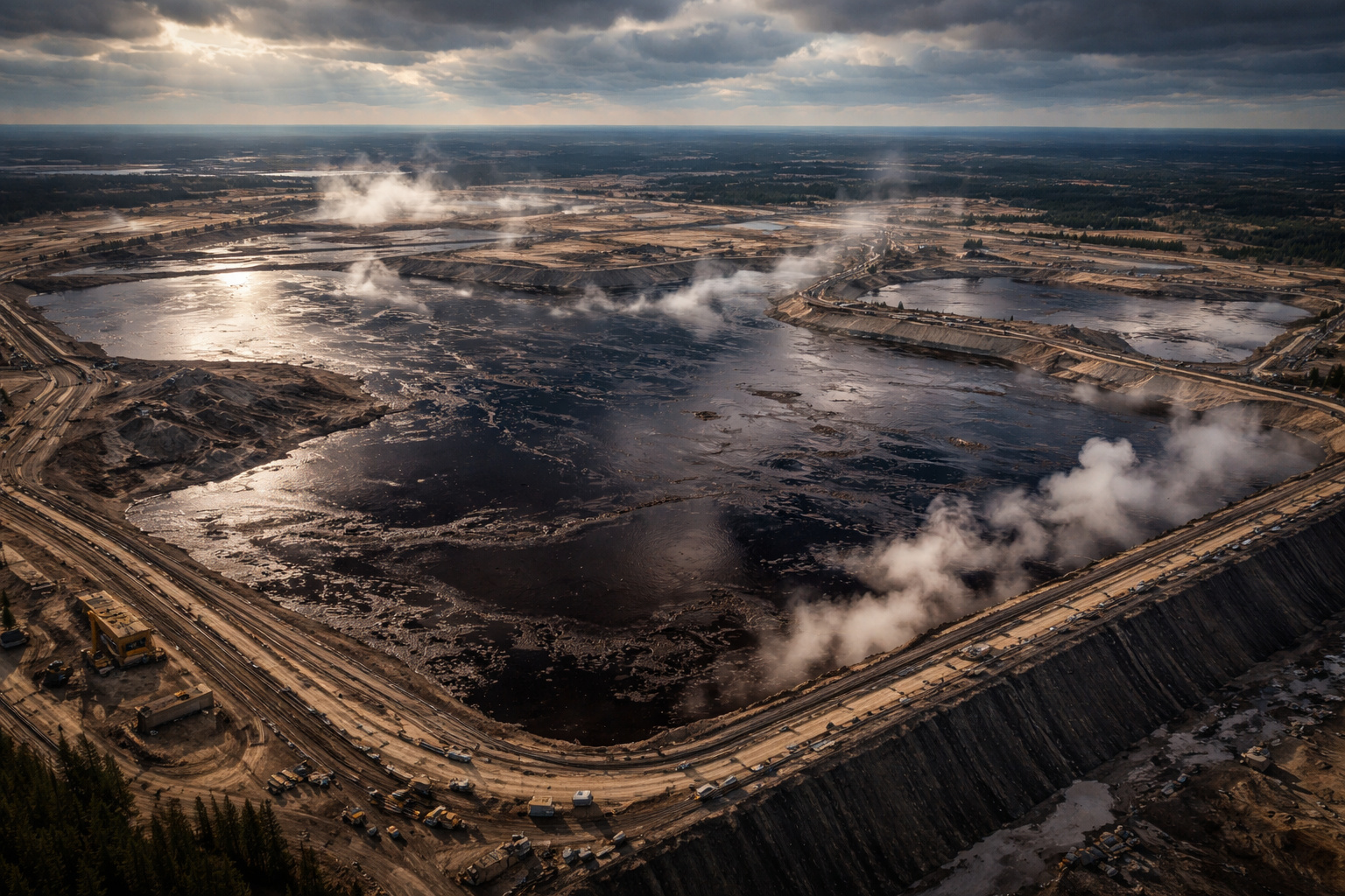 Com 1,3 trilhão de litros de resíduos tóxicos represados pela maior estrutura de terra do mundo, as lagoas de rejeitos de Alberta, no Canadá, cobrem uma área equivalente a 1,5 vezes a cidade de Vancouver e contêm partículas que levarão mais de um século para se assentarem