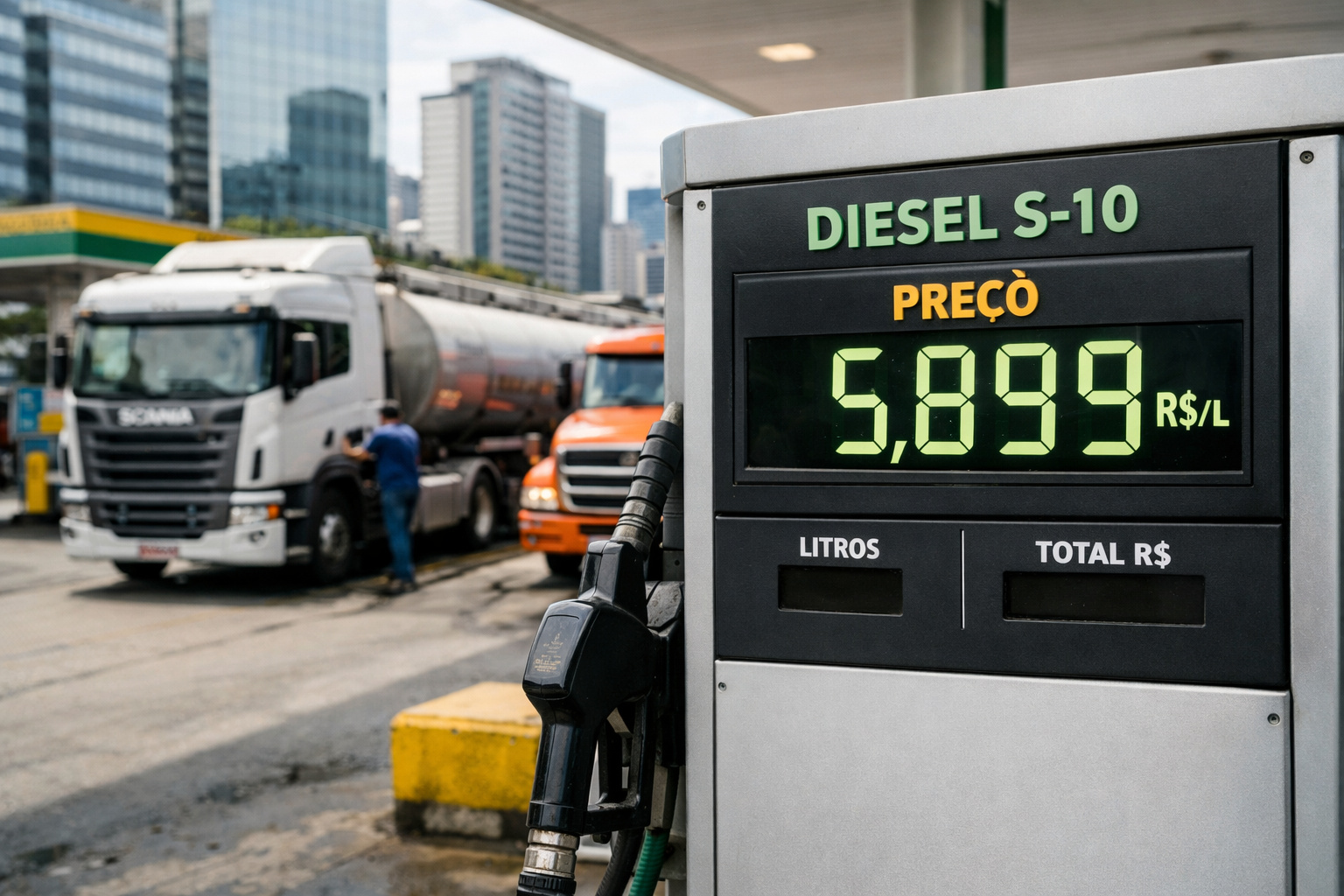 bomba de combustível mostrando aumento no preço do diesel em posto brasileiro