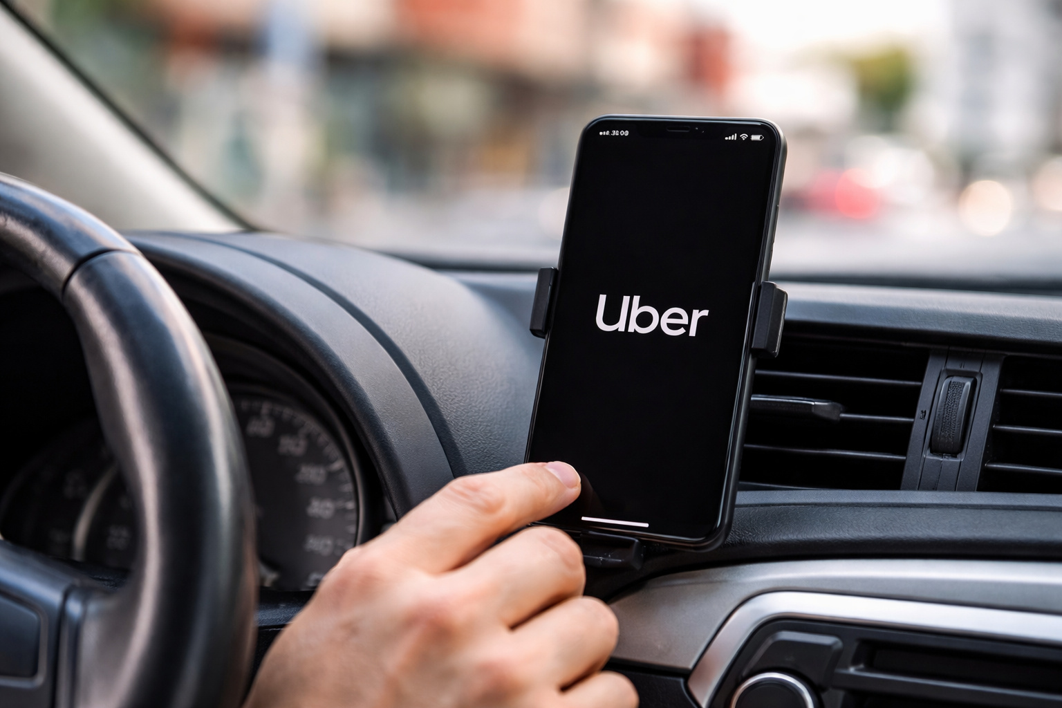 Motorista utilizando aplicativo da Uber no smartphone preso ao painel do carro durante corrida por aplicativo.