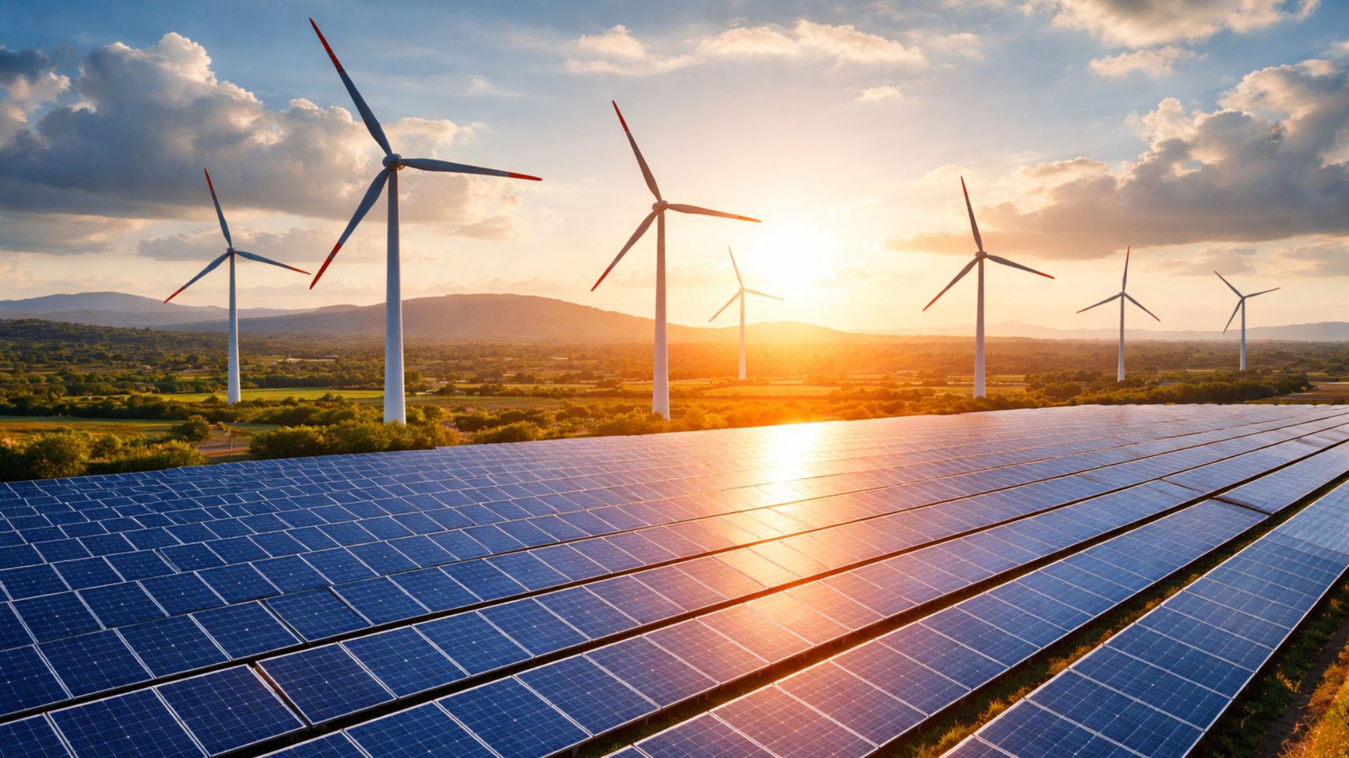 Parque de energia renovável no Rio Grande do Norte com fileiras de painéis solares em primeiro plano e turbinas eólicas ao fundo durante o pôr do sol.