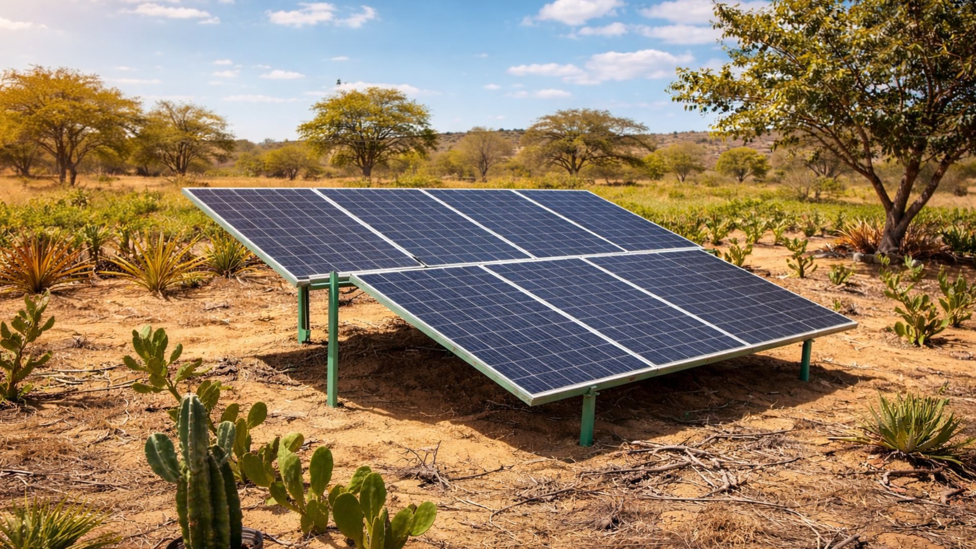 Painéis solares instalados em área rural do semiárido, cercados por vegetação típica e solo seco, utilizados para geração de energia solar em propriedade agrícola.