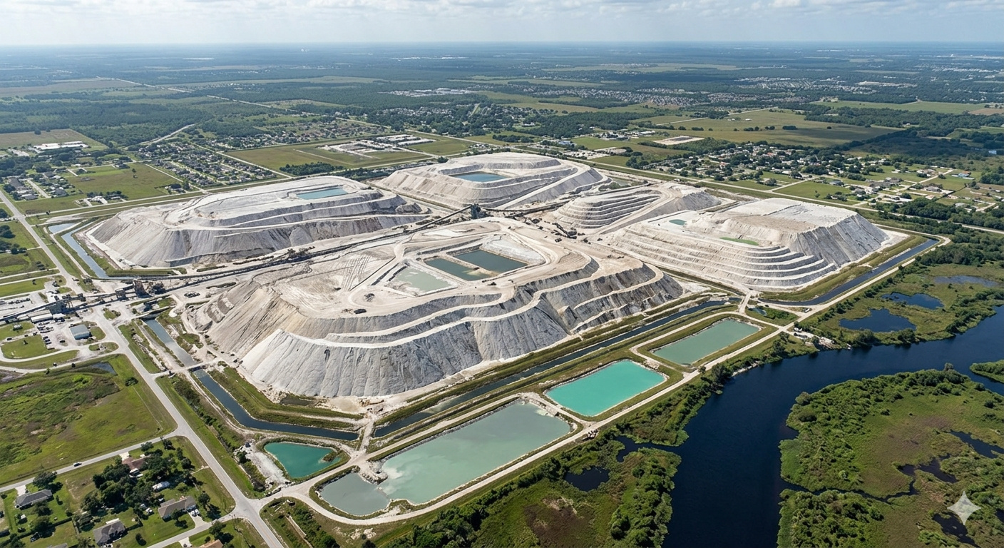 A Flórida abriga mais de 1 bilhão de toneladas de fosfogesso acumuladas em gigantescas pilhas industriais chamadas gyp stacks. Esses depósitos crescem 30 milhões de toneladas por ano e representam um desafio ambiental histórico.