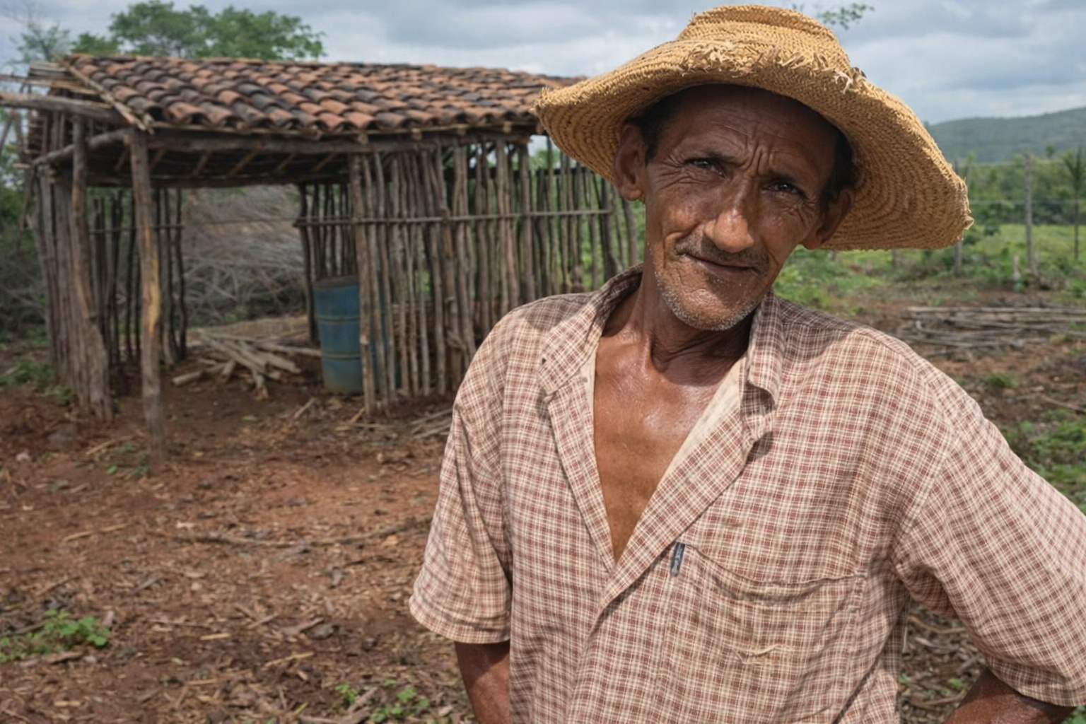 Homem de 59 anos cercando pequeno terreno comprado por R$ 5.500 no sertão do Ceará.