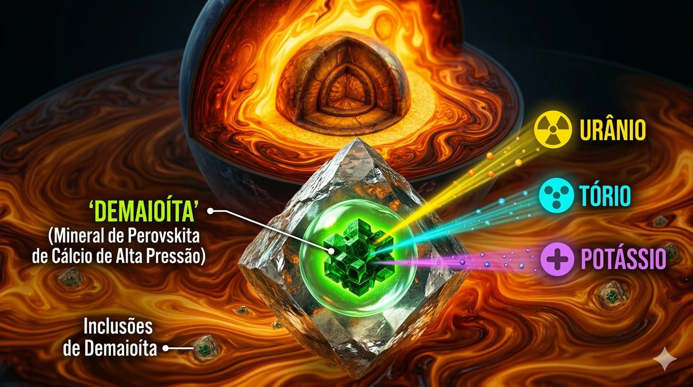 Diamantes formados a mais de 700 km de profundidade trouxeram à superfície um mineral que não existe na crosta da Terra: a davemaoite, um silicato de cálcio de alta pressão capaz de armazenar urânio, tório e potássio radioativos e possivelmente responsável por parte do calor do manto profundo do planeta