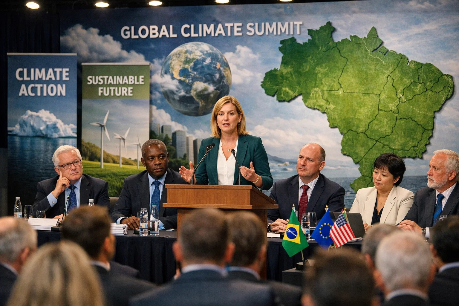 Lideranças discutindo sustentabilidade, mudanças climáticas e bioeconomia após a COP30 em evento sobre agenda ambiental até 2030.