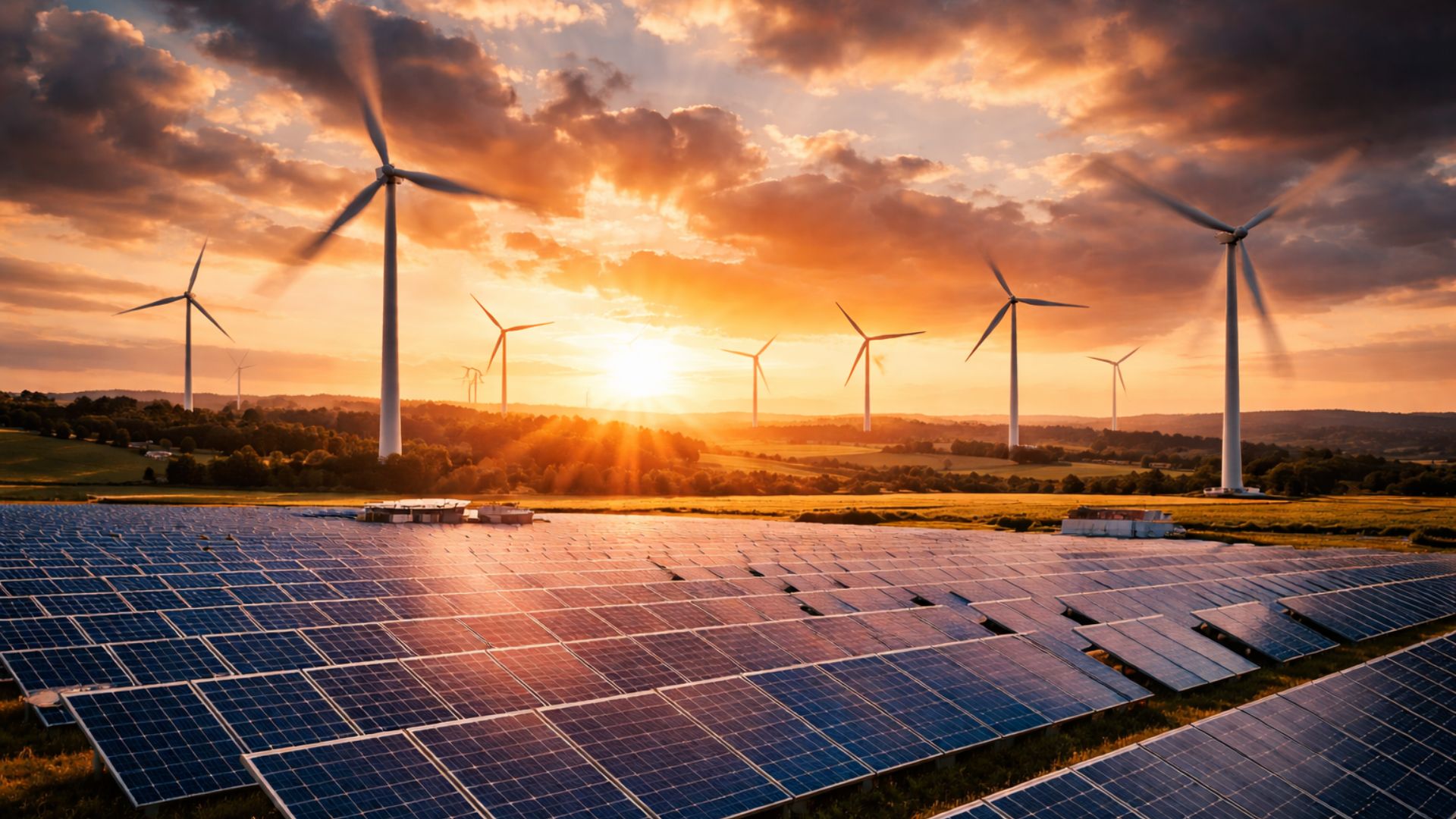 Parque de energia renovável com fileiras de painéis solares em primeiro plano e torres eólicas ao fundo ao pôr do sol, com pás em movimento e céu dramático iluminado.